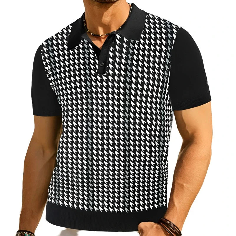 Men Classic Houndstooth Knitted Polo Shirt | Crochet Knit Polo Collar | Short Sleeve Pullover
