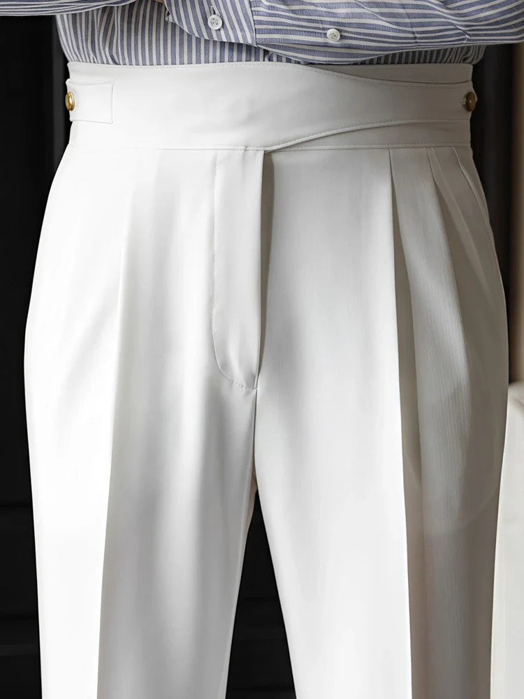 Men Naples Trousers | Belt-up High Waist Slim Pants | Business Casual Straight Pants White