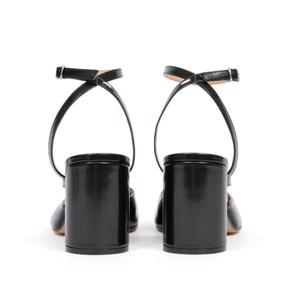 Women Patent Leather Cross Strap Tabi Sandals | Slingbacks Split Toe | Thick High Heels | Chunky Shoe Sandals