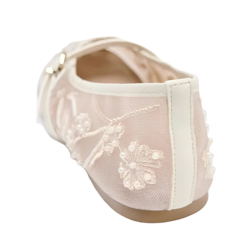 Women Embroidered Pearl Mesh Ballet Flats | Round Toe Flat Sandals | Belt Buckle Mary Jane Shoes
