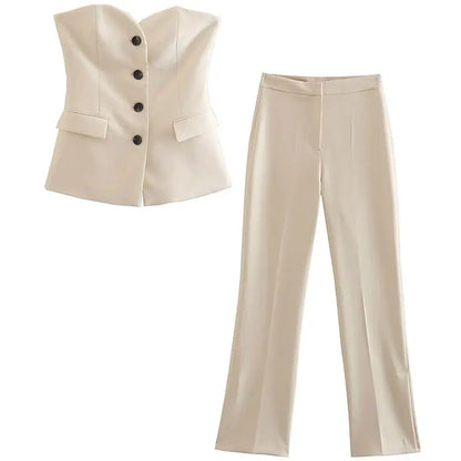 Women Solid Tube Top Pant Suit | Sleeveless Off Shoulder Top and Straight Trousers 2 Piece beige suit