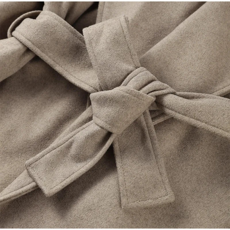 Women Shawl Collar Woolen Coat With Belt | Loose Long Sleeve | Overcoat | Winter Coat