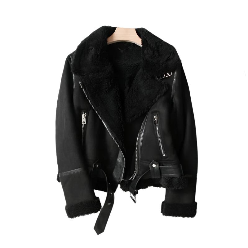 Women Brown Vintage Fur Jacket | Lapel Long Sleeves Winter Outwear BLACK