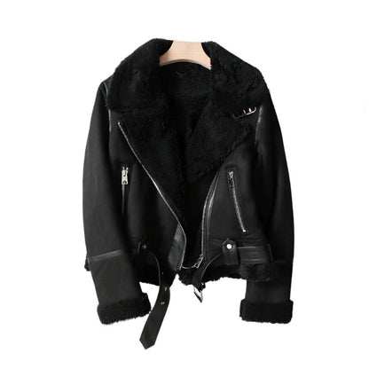 Women Brown Vintage Fur Jacket | Lapel Long Sleeves Winter Outwear BLACK