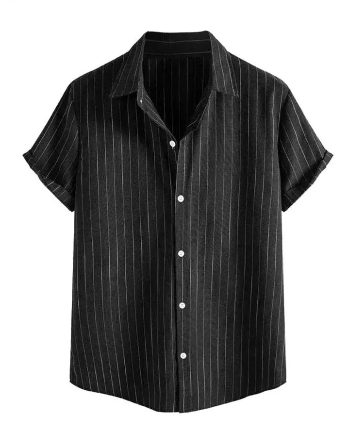 Men's Striped Cotton Shirt | Short Sleeves Button Down Shirt Black