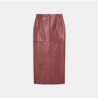 Woman Glossy Leather Two Piece Set | Leather Jacket | Straight Long Leather Skirt | Autumn | Stand Collar Zipper Jacket | Red Skirt