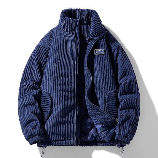 Men Corduroy Puffer Jacket | Windbreaker Jacket | Padded Stand Collar Coat Blue