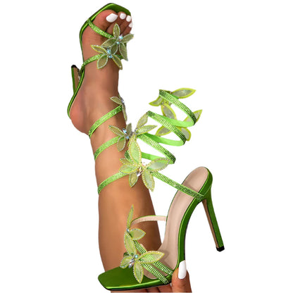 Women Crystal Butterfly-Knot Ankle Strap Sandals | Stiletto High Heels | Party Heels Green