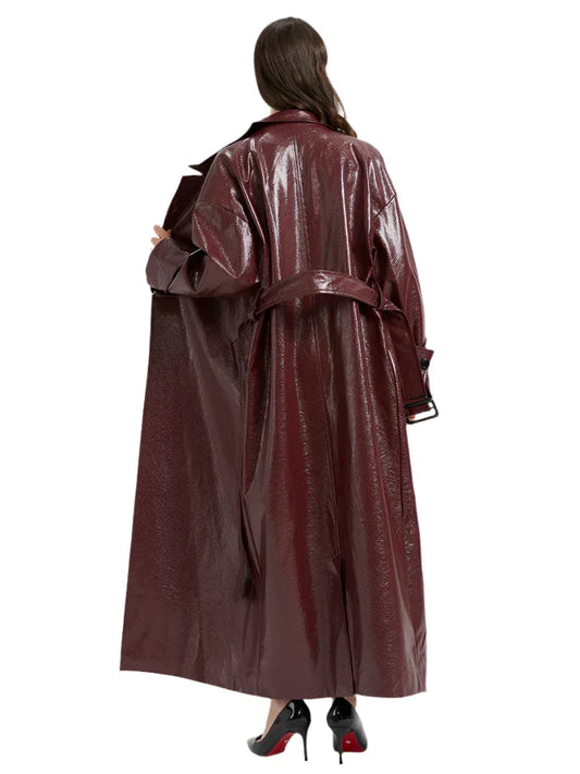 Women Leather Trench Coat With Belt | Extra Long Cherry Red Leather Coat