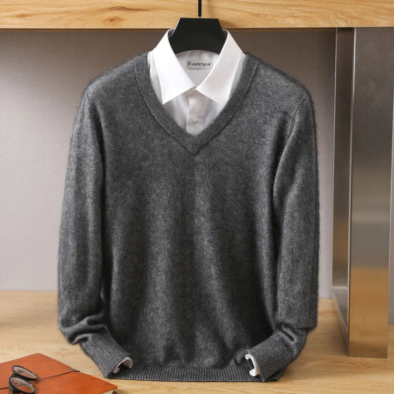 Men Cashmere V-Neck Pullover | Cashmere Knitted Sweater | Mink Winter Long Sleeve Top Dark Grey