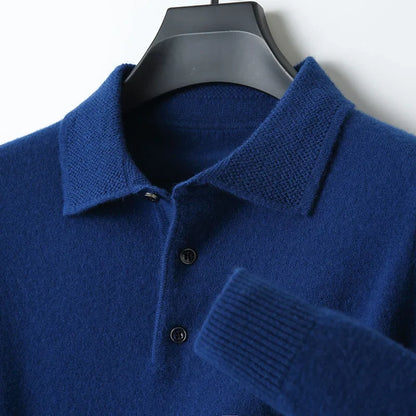 Men Merino Wool Polo Pullover | Knit Warm Top | Winter Polo Collar T-shirt Seaweed blue