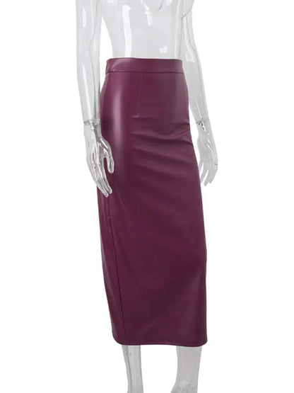 Women Burgundy Leather Long Skirt