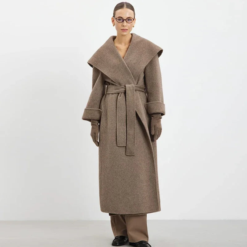 Women Shawl Collar Woolen Coat With Belt | Loose Long Sleeve | Overcoat | Winter Coat