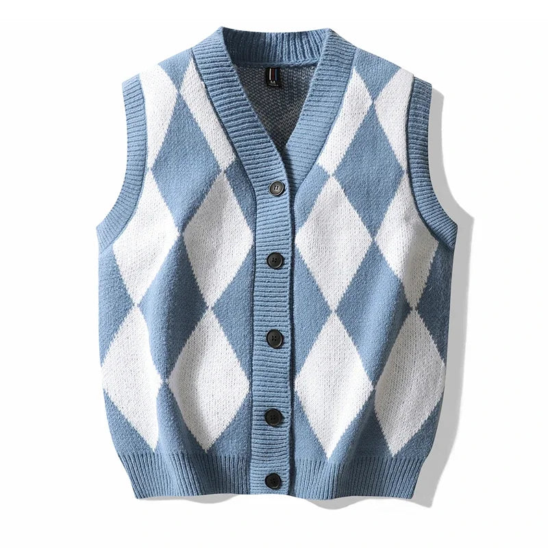Men Plaid Sweater Vest | Sleeveless V-Neck Button Cardigan | Office Knitted Vest Sky Blue