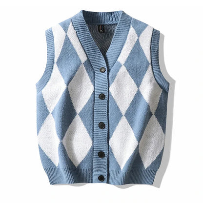 Men Plaid Sweater Vest | Sleeveless V-Neck Button Cardigan | Office Knitted Vest Sky Blue