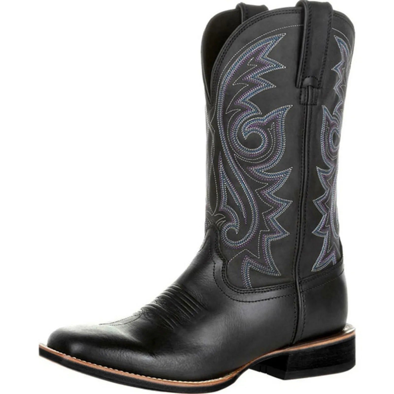 Men Embroidered Cowboy Boots | Western Riding Boots | Mid-Calf Pointed Toe Boots Black