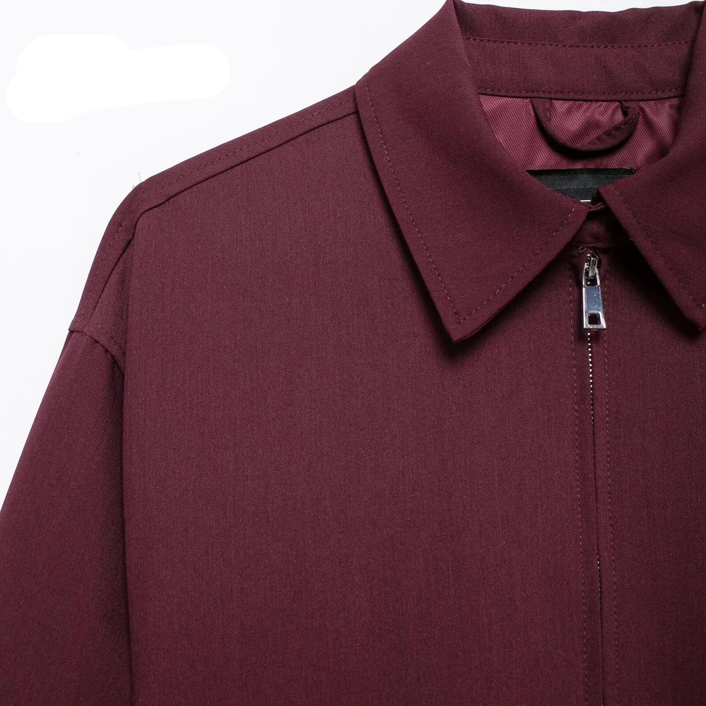 Women Vintage Loose Burgundy Zipper Jacket