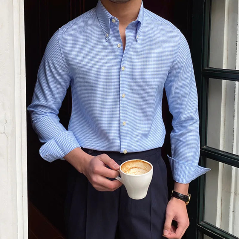 Men British Slim Shirt | Office Tuxedo Shirt | Business | Lattice Shirt | Cuban Collar | Long Sleeve Shirt