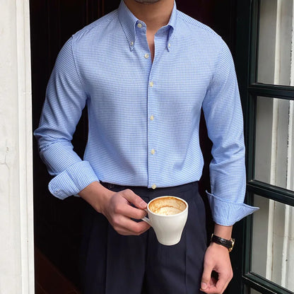 Men British Slim Shirt | Office Tuxedo Shirt | Business | Lattice Shirt | Cuban Collar | Long Sleeve Shirt