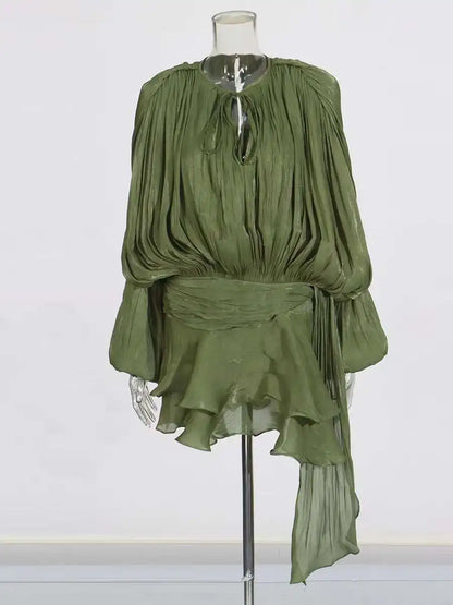 Women Flowy Mini Dress | V Neck | Long Sleeve | Spliced | Lace Up | Blouse Dress Green 2