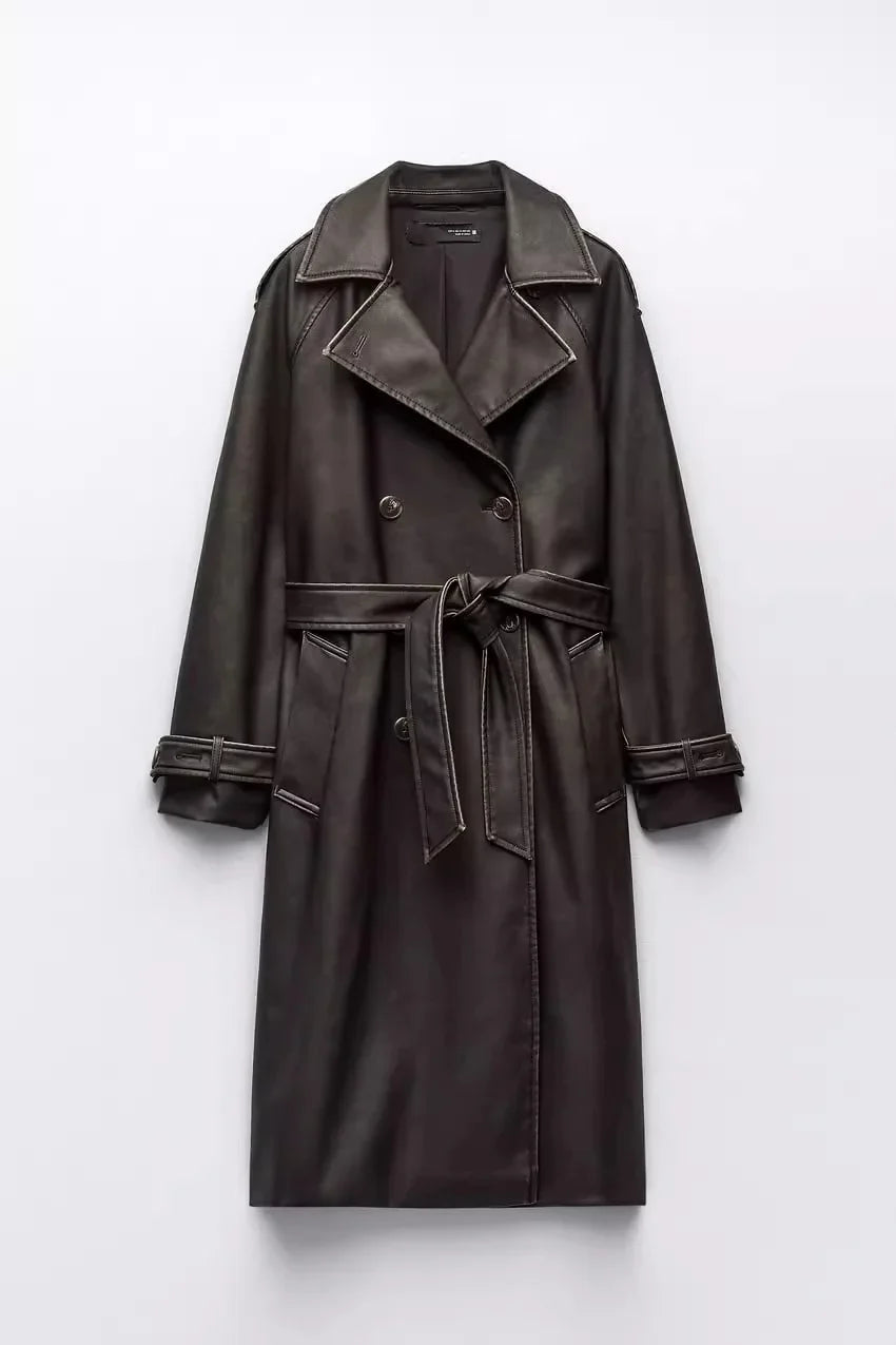 Women Vintage Leather Long Coat | Double Breasted | Winter Long Coat Brown