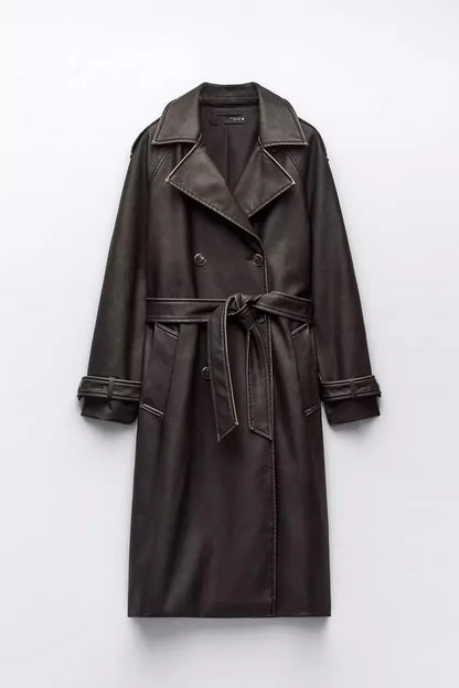 Women Vintage Leather Long Coat | Double Breasted | Winter Long Coat Brown