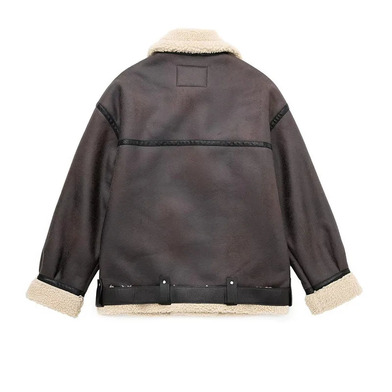 Women Dark Brown Shearling Leather Jacket | Classic Fur Leather Jacket | Long Sleeve Moto Biker Zipper