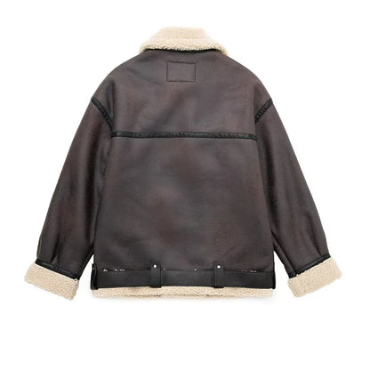Women Dark Brown Shearling Leather Jacket | Classic Fur Leather Jacket | Long Sleeve Moto Biker Zipper