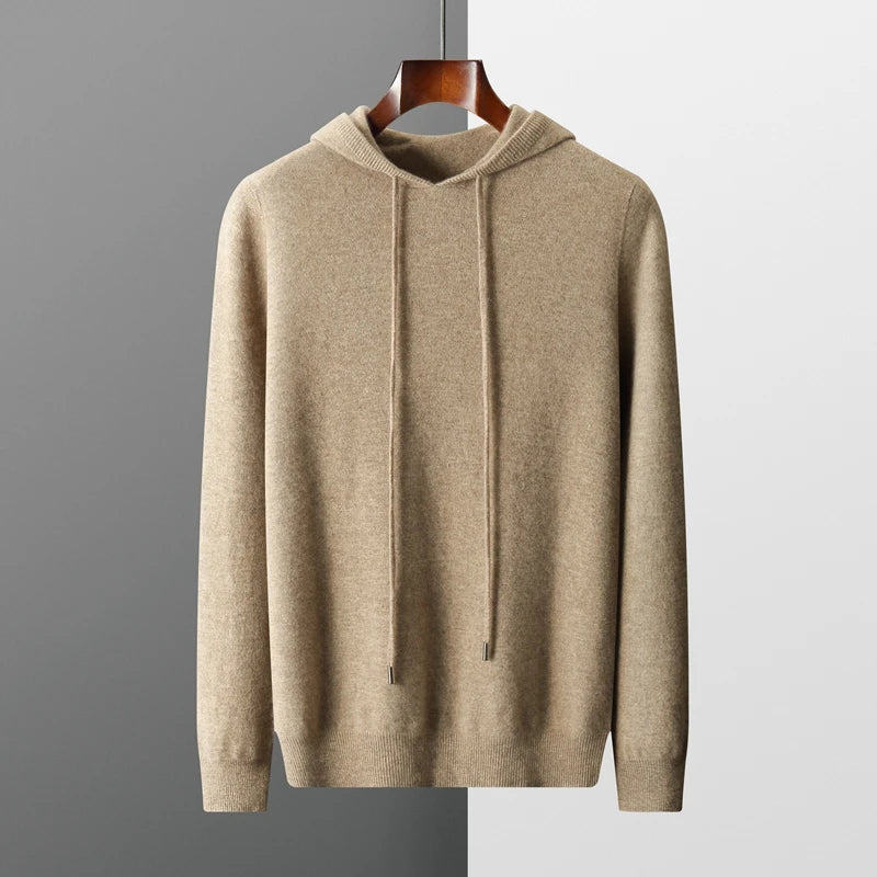 Men Merino Wool Hoodie | Casual Knitted Pullover Sweater | Hooded Collar