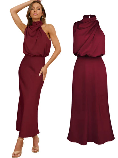 Women Satin Long Dress | Silk Sleeveless Evening Dress | Party Dress Wine red
