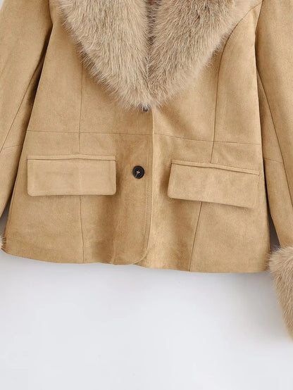 Women Suede Fur Collar Coat | Long Sleeve | V-Neck | Warm | Slim Fit Jacket | Winter | Party | Streetwear
