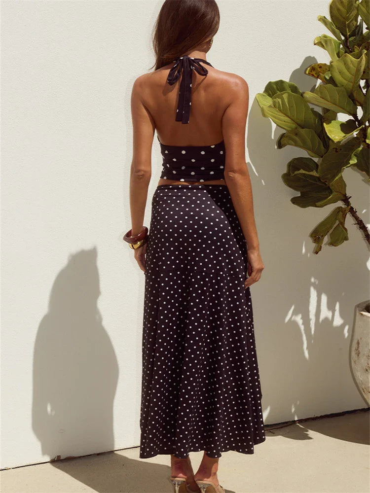 Women Polka Dot Set | V Neck | Sleeveless Top | High Waist Mini Skirt