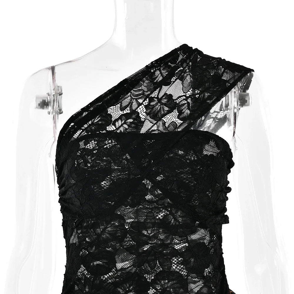 Women Leopard Print See Through Lace Dress | One Shoulder Ruffle Dress | Summer Elegant Party Dress