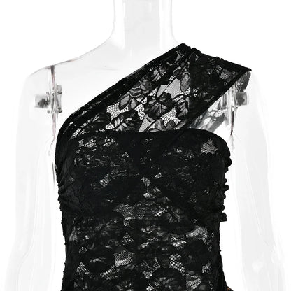 Women Leopard Print See Through Lace Dress | One Shoulder Ruffle Dress | Summer Elegant Party Dress