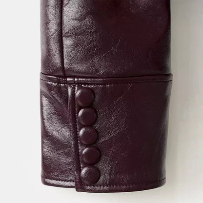Women Patchwork Leather Jacket | Detachable Collar | Double Breasted | Winter