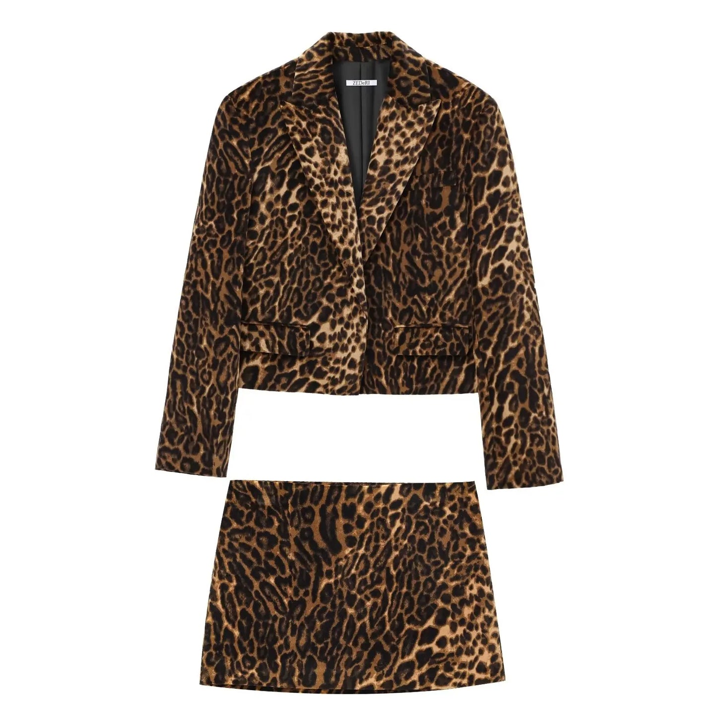 Women Leopard Print Long Sleeve Blazer and Mini Skirt | Animal Print Blazer Two Piece Set Set