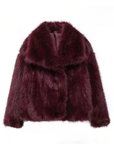 Women Short Woven Fur Coat | Loose Stand Collar Long Sleeve Coat Burgundy
