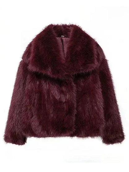 Women Short Woven Fur Coat | Loose Stand Collar Long Sleeve Coat Burgundy