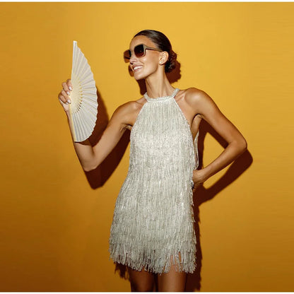 Women Sequin Halter Dress | Tassel | Sleeveless | Backless | Mini Fringed Dress