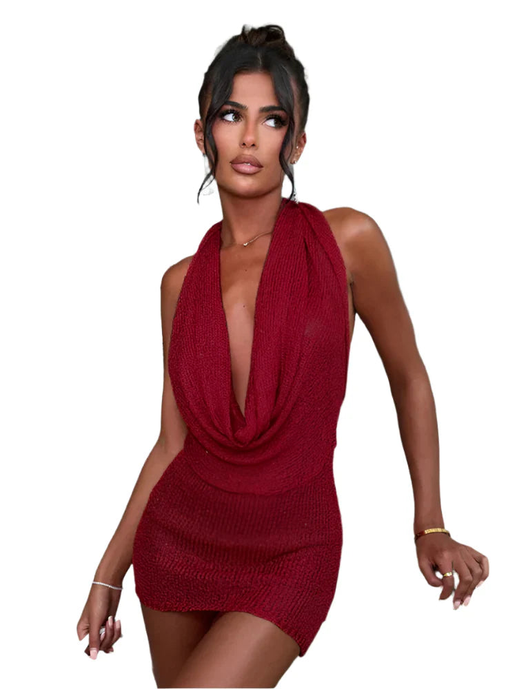 Women Stacked V Neck Knit Mini Dress | Summer Party Dress | Backless | Sleeveless | Holiday Red