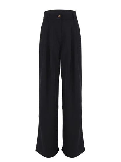 Women Classic 2 Piece Set | Vintage Plain Loose Shirt | Palazzo Floor-Length Pants Black Pants