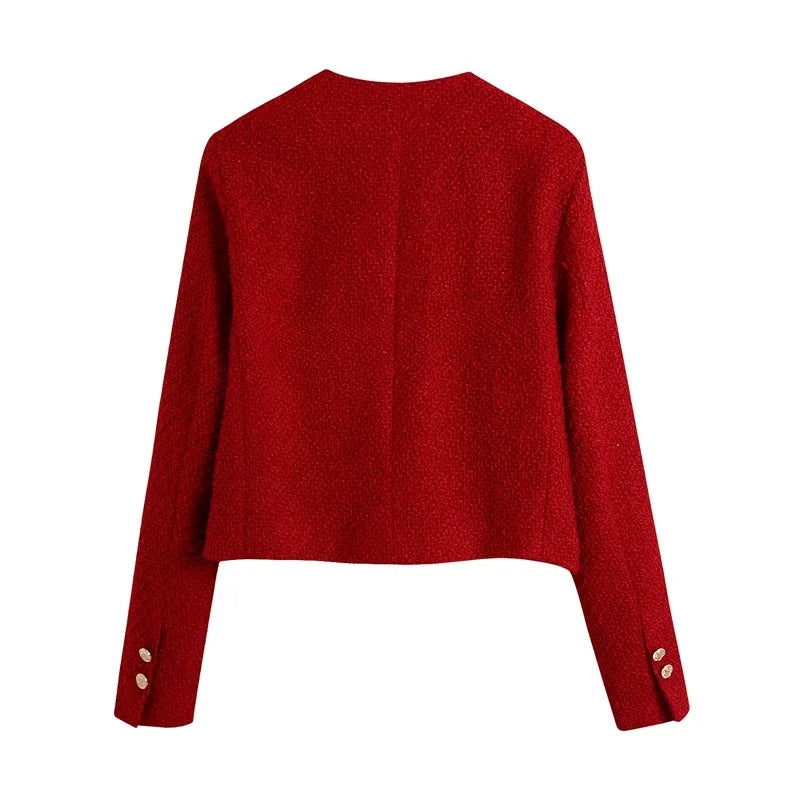Women Vintage Cherry Red Tweed Blazer