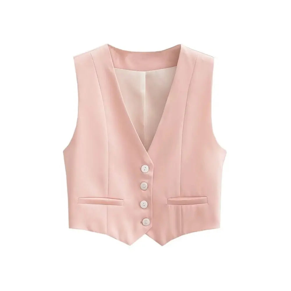 Women Front Button Cropped Waistcoat | Vintage V Neck Sleeveless Chic Top Pink