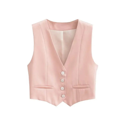 Women Front Button Cropped Waistcoat | Vintage V Neck Sleeveless Chic Top Pink