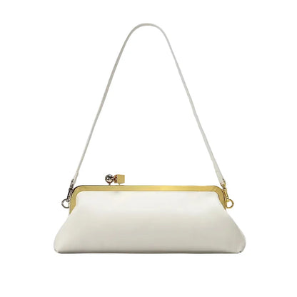 Women Leather Kiss Lock Bag | Long Clutch Bag | Luxury Shoulder Bag | Elegant Party Purse | Underarm Bag Beige