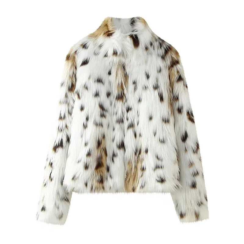 Women Vintage Leopard Fur Short Coat | Casual Loose Stand Collar Winter Outwear Leopard