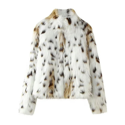 Women Vintage Leopard Fur Short Coat | Casual Loose Stand Collar Winter Outwear Leopard