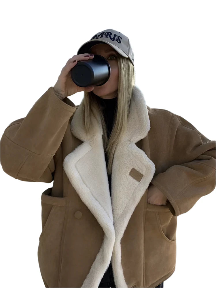 Women Oversized Loose Shearling Jacket | Long Sleeves Fleece Jacket