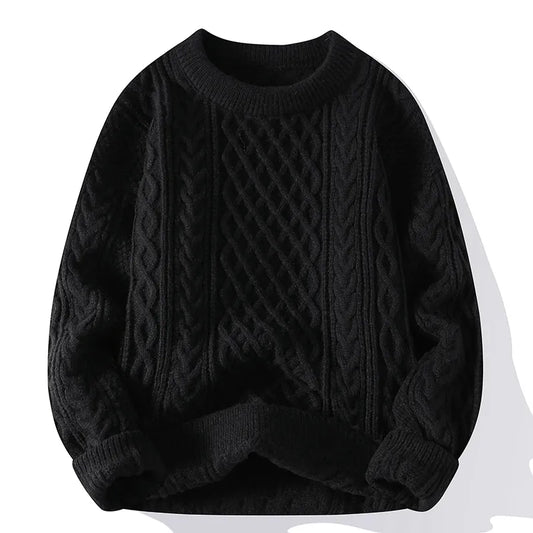 Men Sweater Vintage O Neck | Solid Color Winter Knitted Pullover black