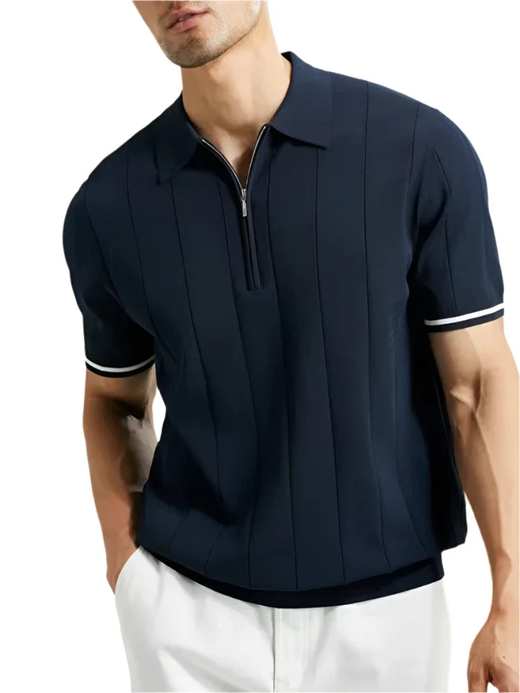 Men Summer Lapel Zipper Polo Top | Business Casual | Vertical Lines Solid Color Polo Navy Blue